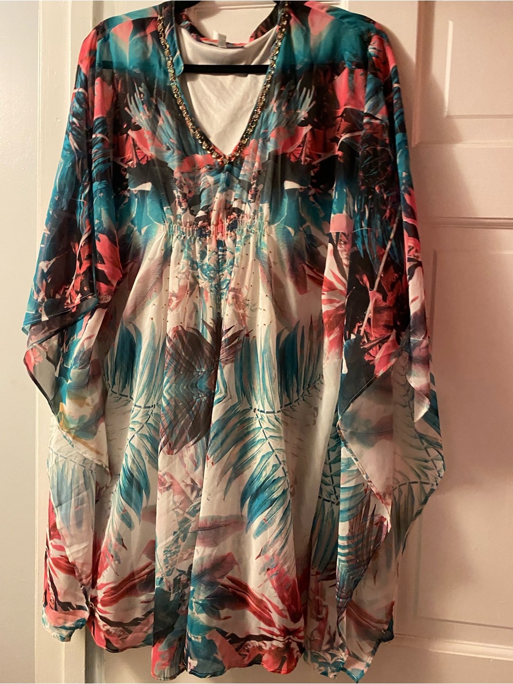Jennifer Lopez Teal pink Tropical Sheer Swim Cover-Up / dress / shirt / tunic